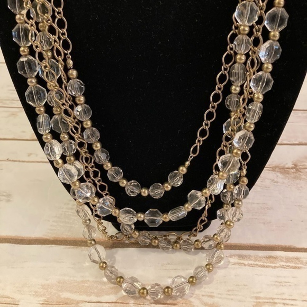 Gold Tone Multi Chain Strands and Clear Beads Statement Necklace
